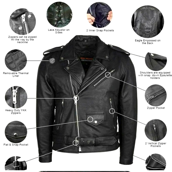 Men's "NEW" Leather Biker Jacket, Gold Eagle, "Live To Ride - Ride To Live" XL - Picture 1 of 4
